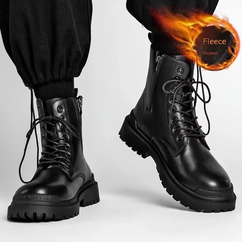 Men's black mid-top waterproof Martin boots with a rubber sole on a white background.