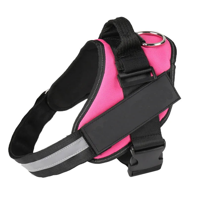 A reflective adjustable dog harness vest shown on a dog, with a handle and D-ring for leash attachment.