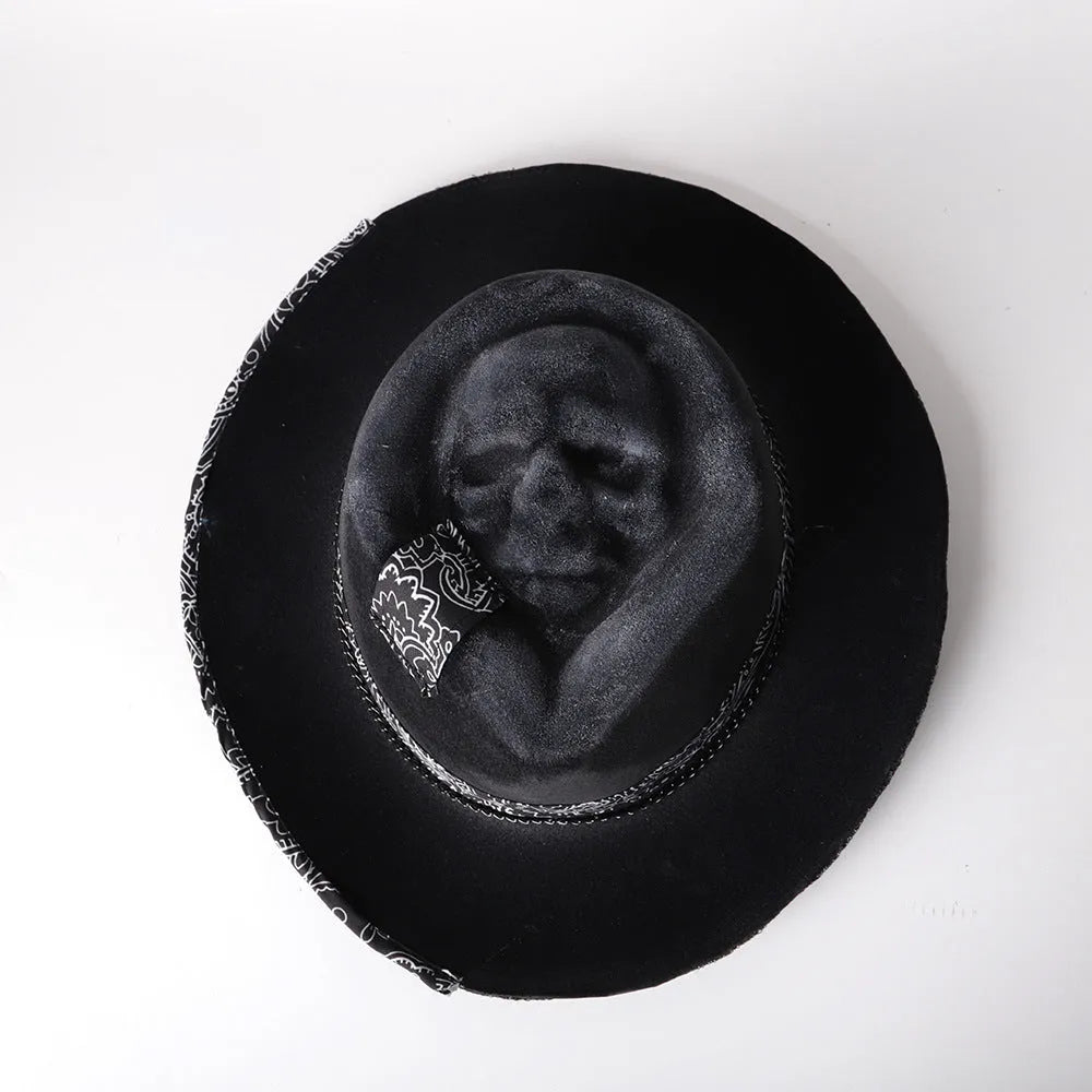Handmade wool skull hat with conical crown design for Halloween and costume wear