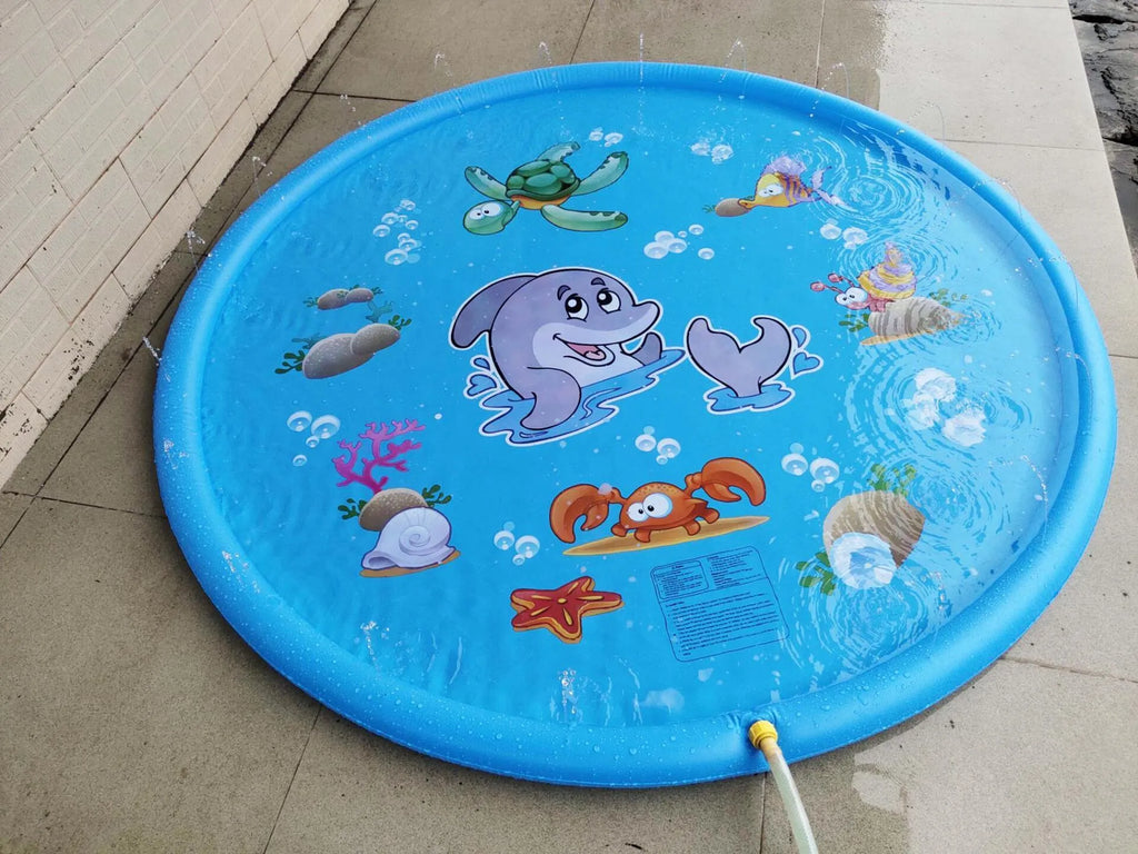 Blue PVC children's water spray play mat with marine animal designs for garden sprinkler play