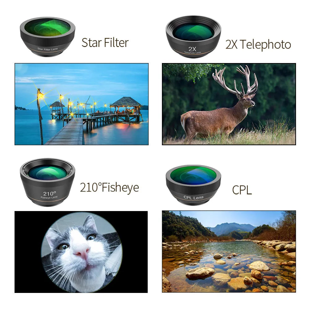 Black 6-in-1 smartphone camera lens kit with fisheye, wide-angle, telephoto, macro, CPL, and star filters on a universal clip.