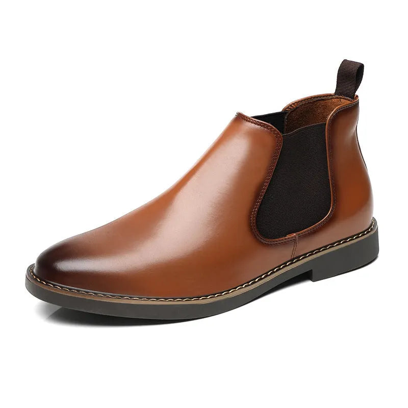 Men's black formal leather boots with pointed toe and square heel on rubber sole