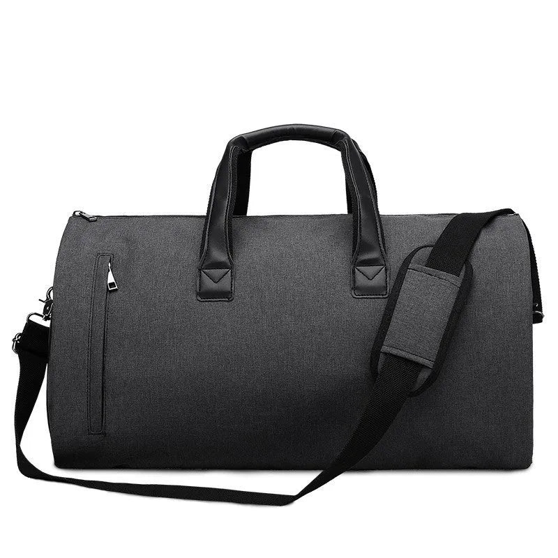 Men's oval travel bag in light grey showing internal compartments for wet-dry separation and organisation