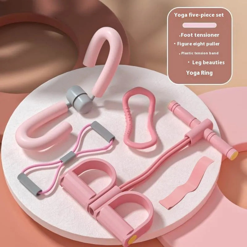 Yoga four piece fitness set with leg beauty device, yoga ring, pedal tension device, and figure eight tension rope