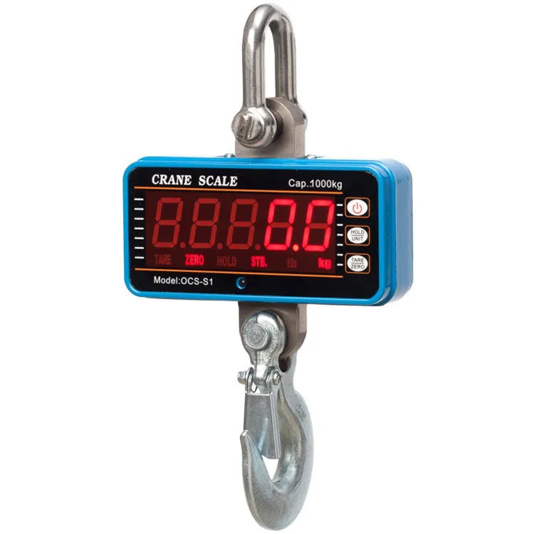 Orange electronic crane scale with digital display, maximum capacity 500 kg.
