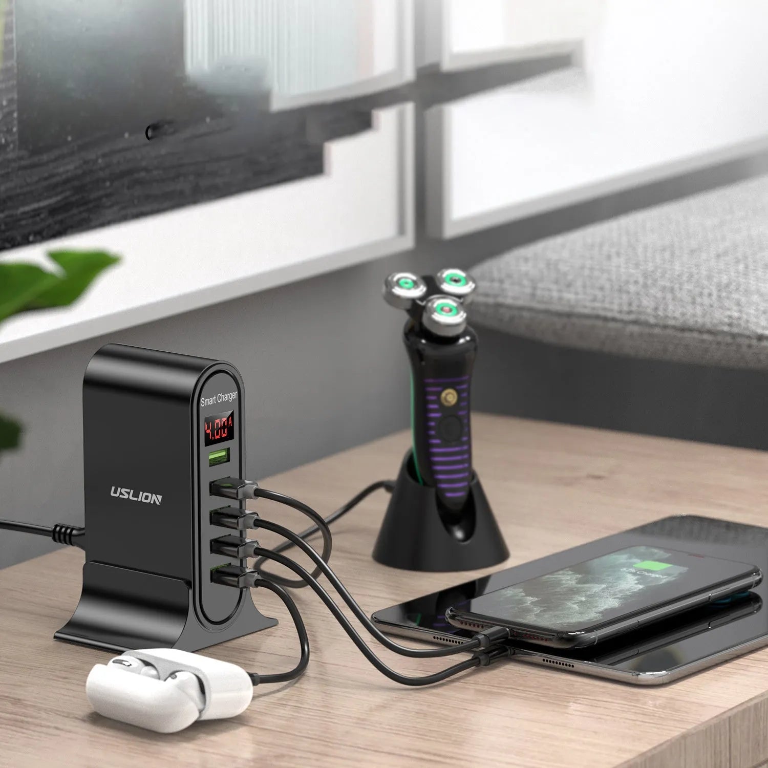 Smart LED digital display USB charger showing voltage and amperage with black or white colour options