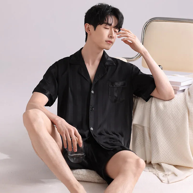 Men's ice silk pajama set with cardigan and shorts in satin jacquard plaid pattern