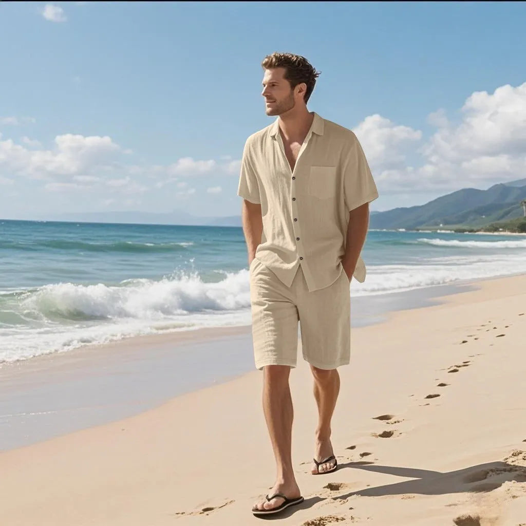 Man's light blue linen blend short-sleeve shirt and matching shorts casual beach set.