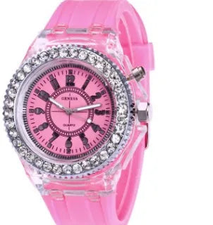 Women's LED luminous quartz watch with round 43mm alloy case and coloured silicone strap