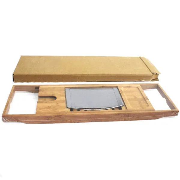 Natural bamboo bathtub frame desktop organiser shelf with one tier for bathroom storage.