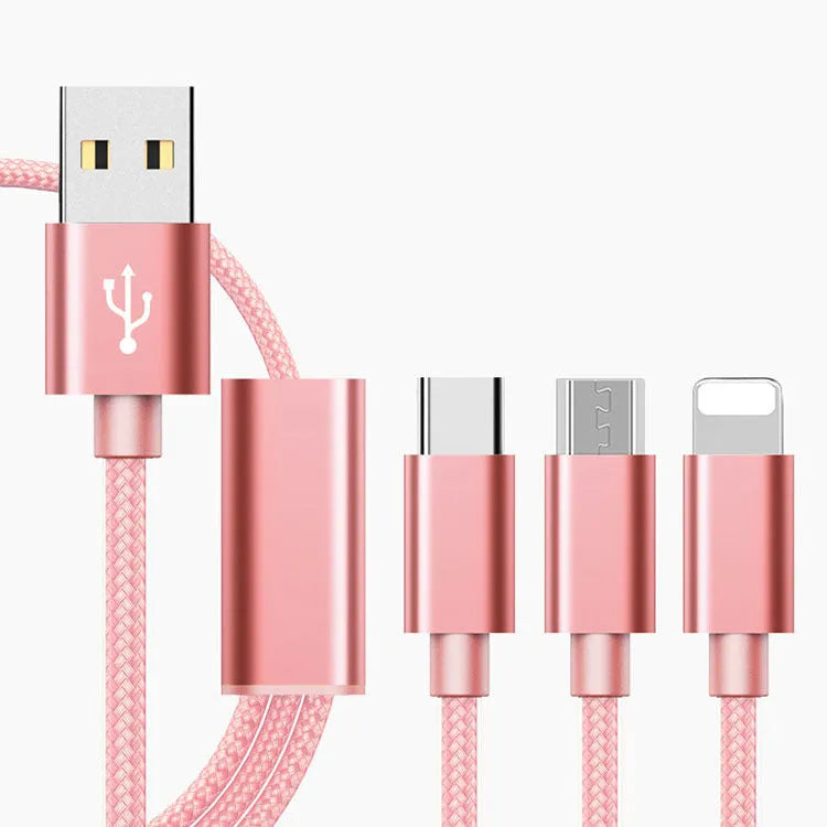 Three-in-one mobile phone charging cable with Micro USB, Type-C and Lightning connectors in various colours