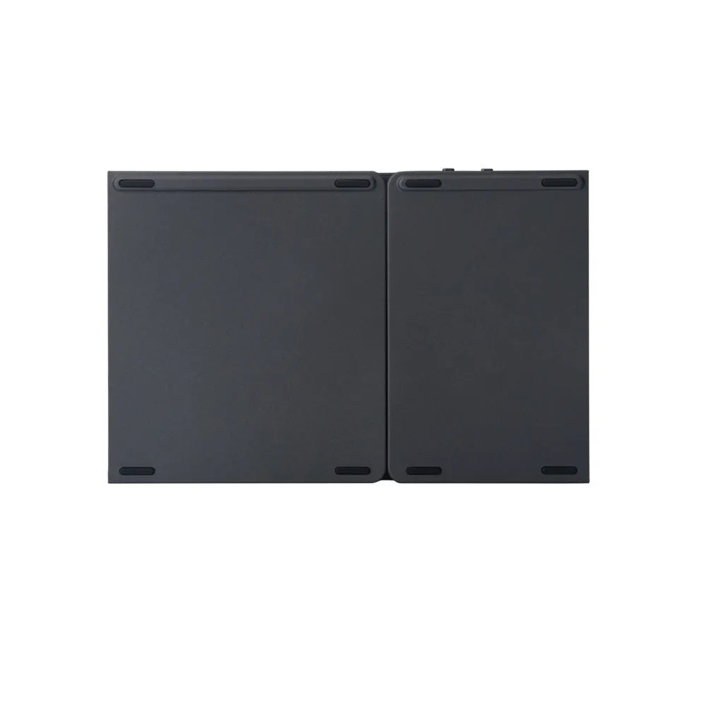 Black tri-fold folding Bluetooth keyboard with touchpad, shown both folded and unfolded.