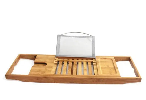 Natural bamboo bathtub frame desktop organiser shelf with one tier for bathroom storage.
