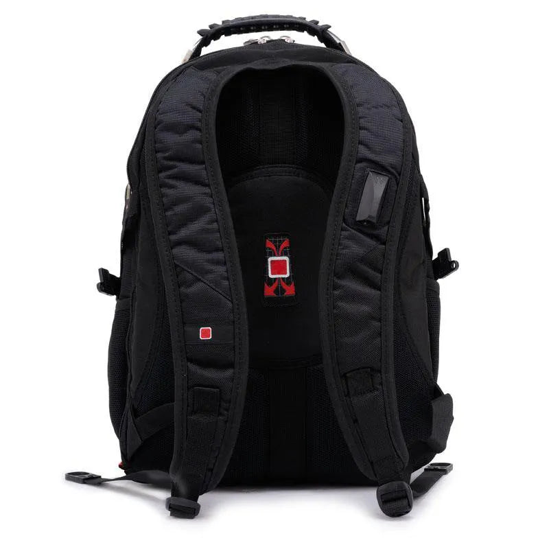 Black business computer backpack with three compartments showing laptop storage and organisational pockets
