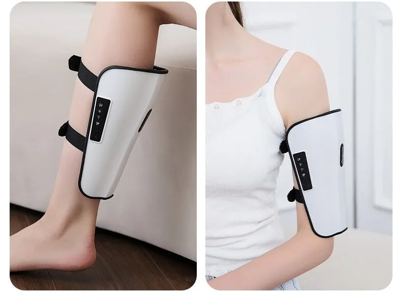 White portable electronic calf massager with control buttons, featuring infrared and electrotherapy functions.