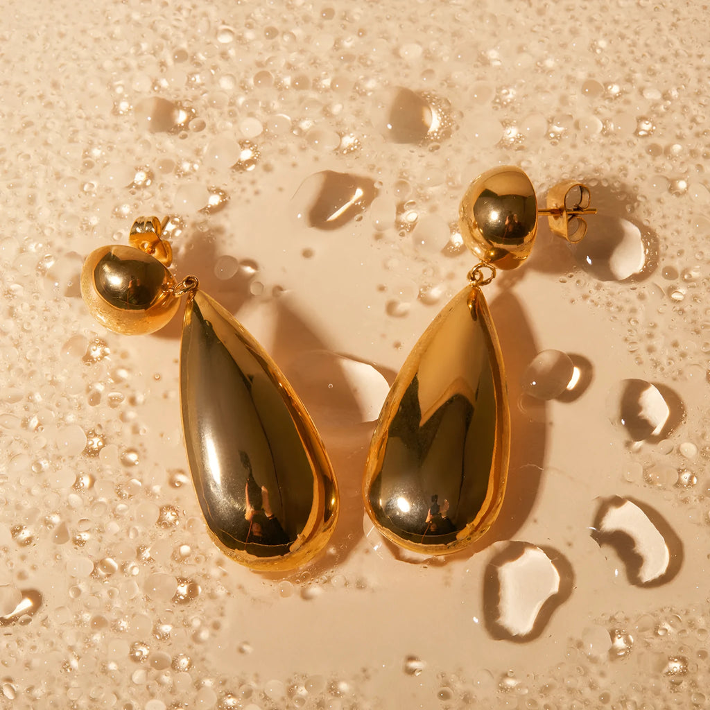 Gold tone stainless steel hemisphere water drop pendant earrings geometric design