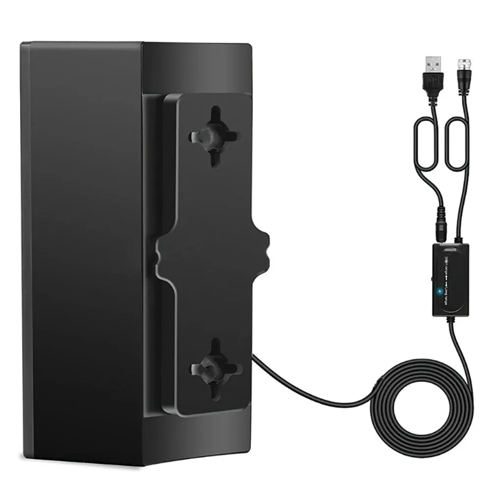 Black plastic digital TV antenna measuring 18cm with mounting accessories including expansion tubes and screws
