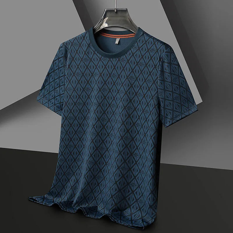 Men's round neck jacquard short sleeve t-shirt in ice silk fabric, loose fit casual pullover