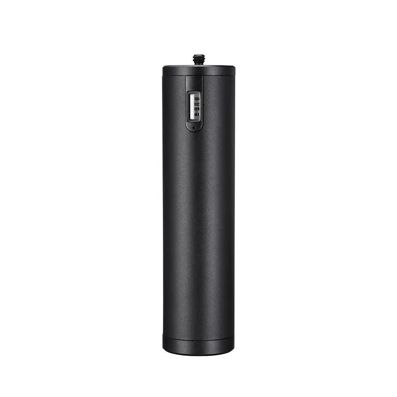 Black aluminium alloy portable power bank with an integrated carry handle, showing front and side profile.