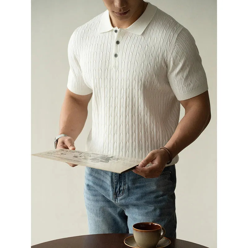 Men's khaki short sleeve business top on a hanger, showing the fabric texture and fit.