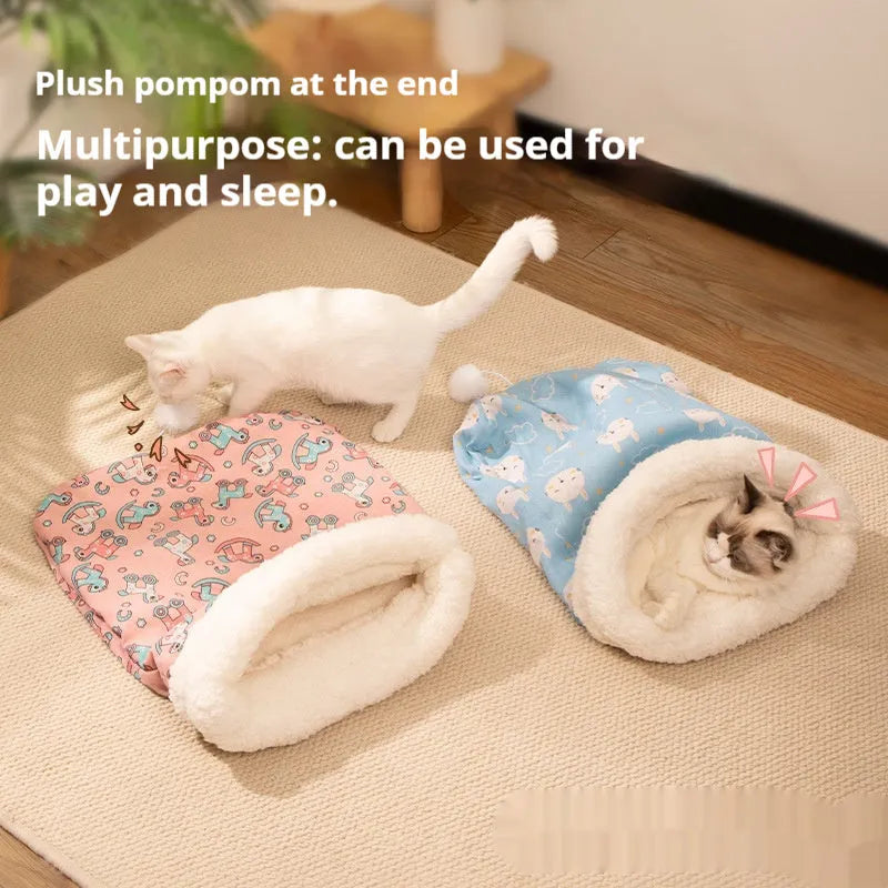 Flannel cat sleeping bag nest in blue rabbit design measuring 50 by 40 cm