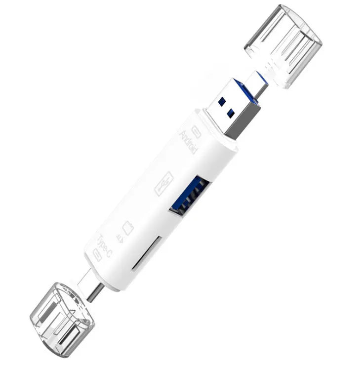 Black and white USB-C to Micro USB OTG hub adapter with TF card slot and two USB ports.