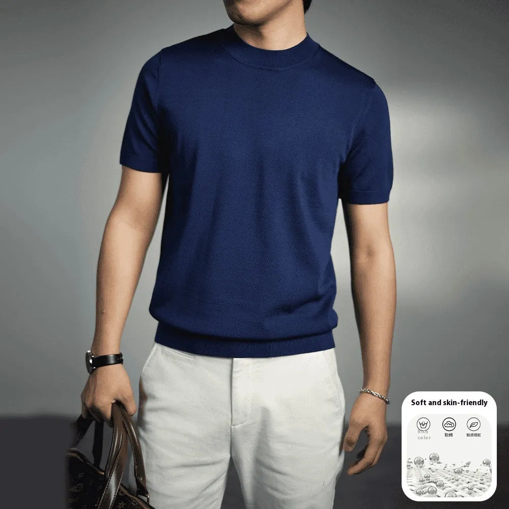 Men's knitted round neck T-shirt in chemical fibre blend with non-ironing treatment