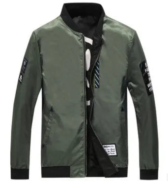 Reversible men's stripe pattern flight jacket shown in black, blue and green colour options