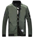 Reversible men's stripe pattern flight jacket shown in black, blue and green colour options