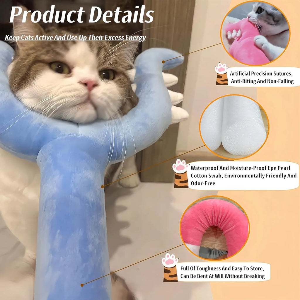 Blue and pink plush cat wand toy with a 70cm handle for interactive pet play.
