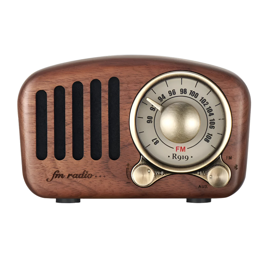 Retro wooden wireless mini speaker in cherry wood finish showing front and side.