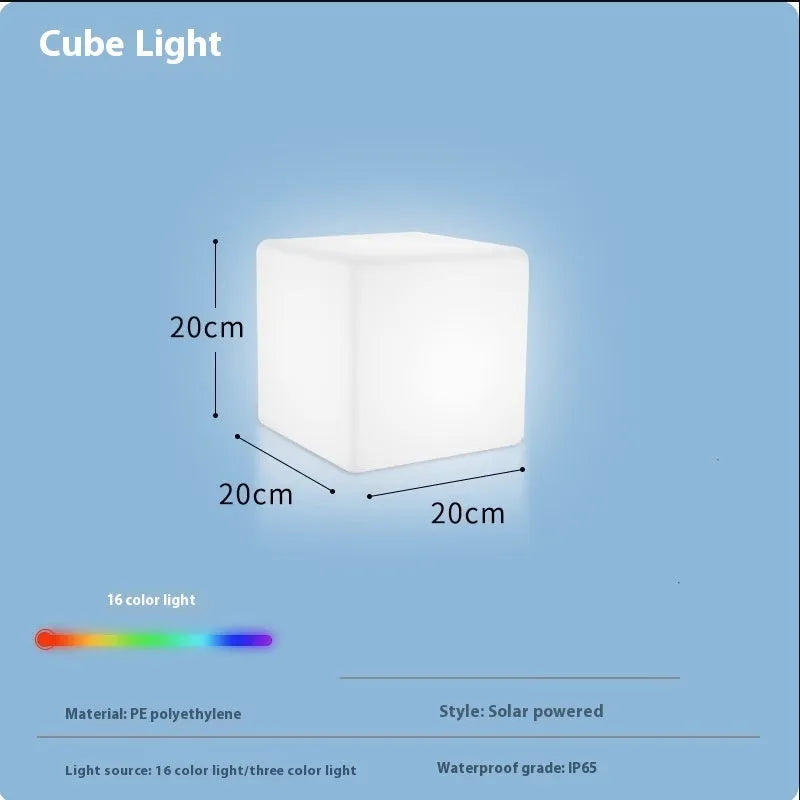 Square LED cube light stool in modern design showing waterproof PE construction with solar panel or charging port visible