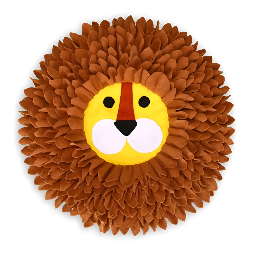 Brown pet snuffle mat with fabric folds for hiding treats, measuring 33cm by 25cm