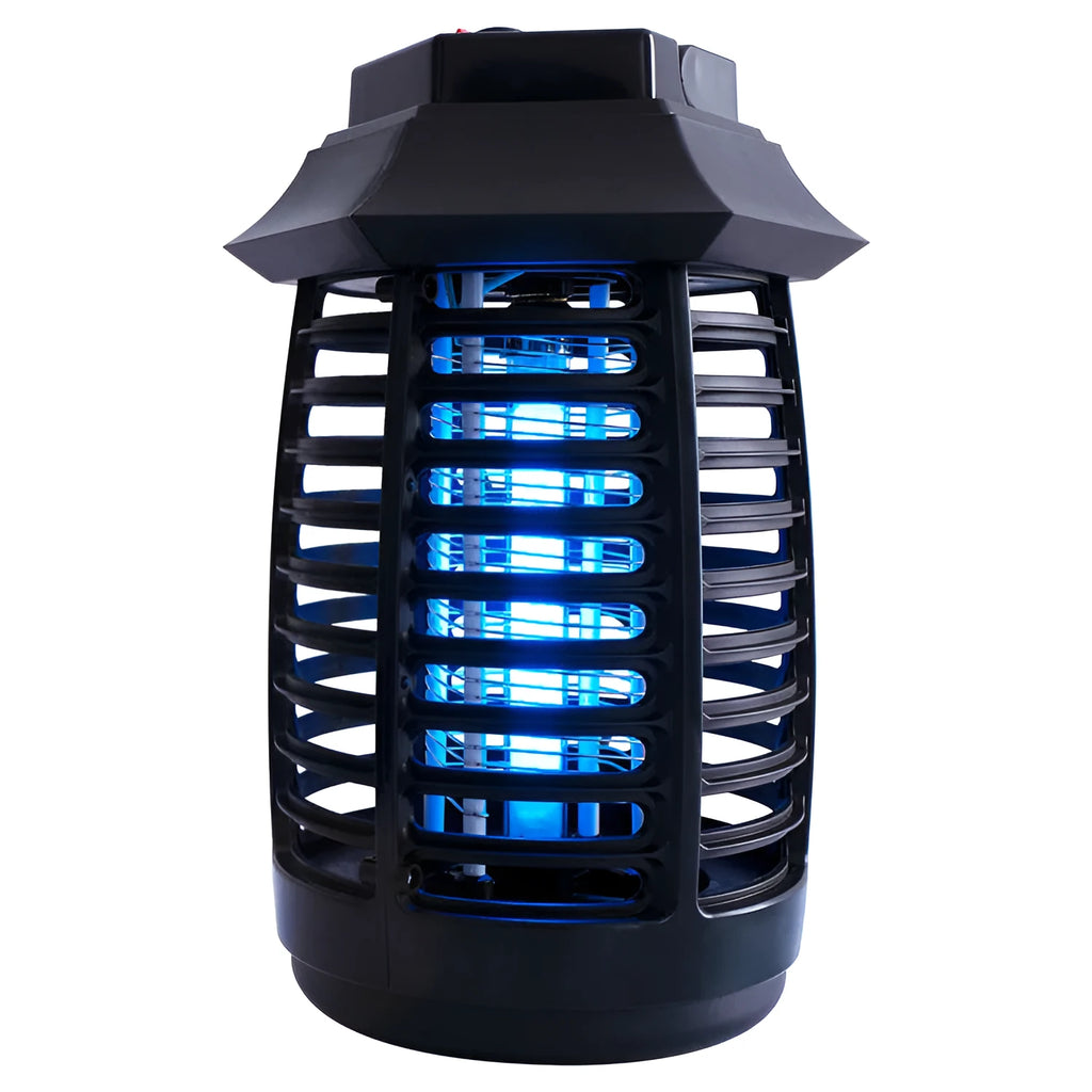 Black aromatherapy mosquito killer lamp with a metal grid, shown with optional AU, EU, UK, or US plug styles.