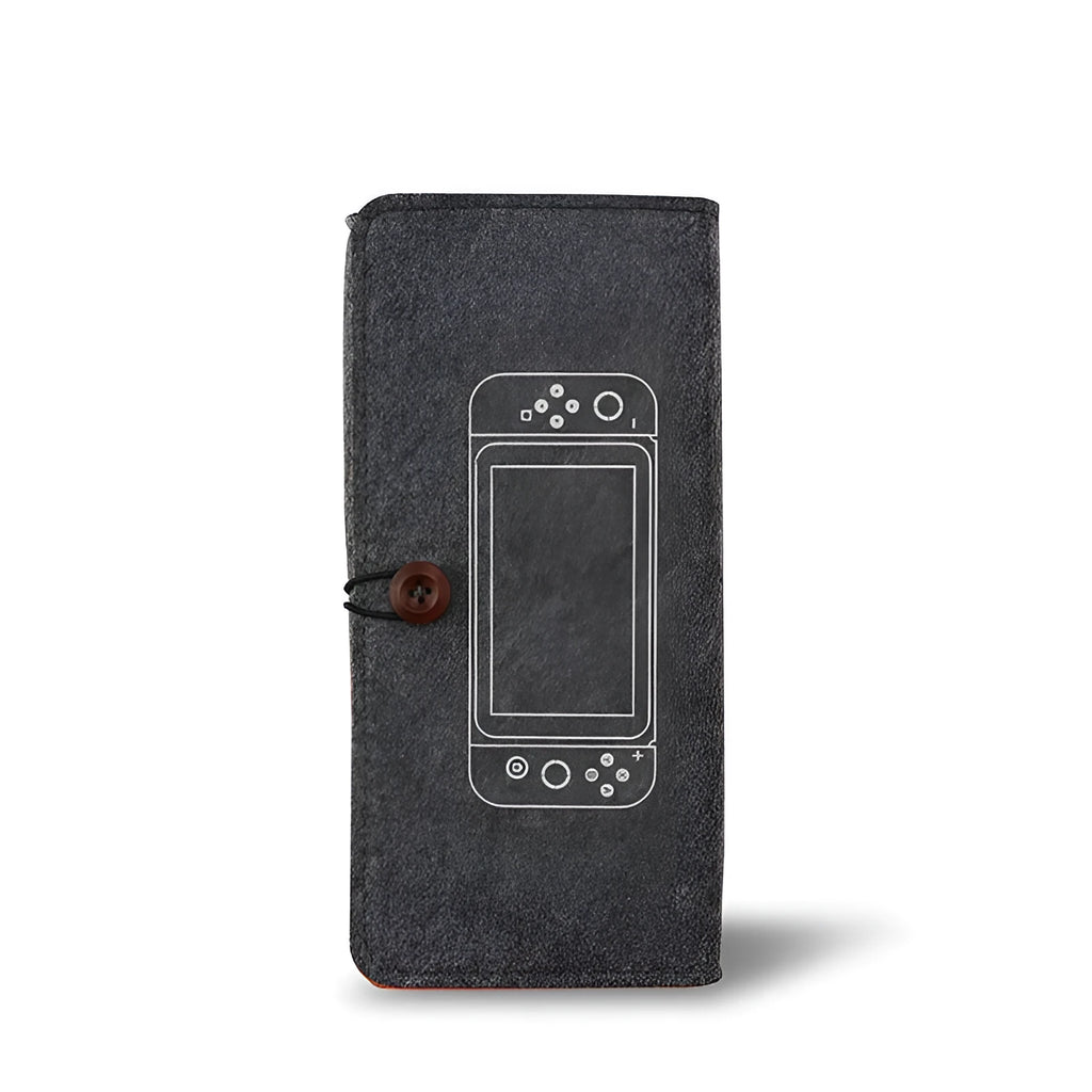 Black felt Nintendo Switch pouch with game card slots and double storage compartments