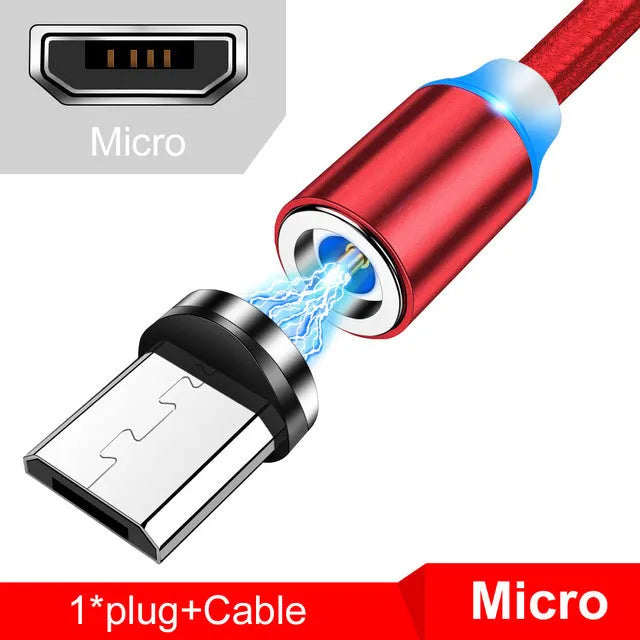 Black magnetic USB charging cable with glowing LED light indicator on a white background.