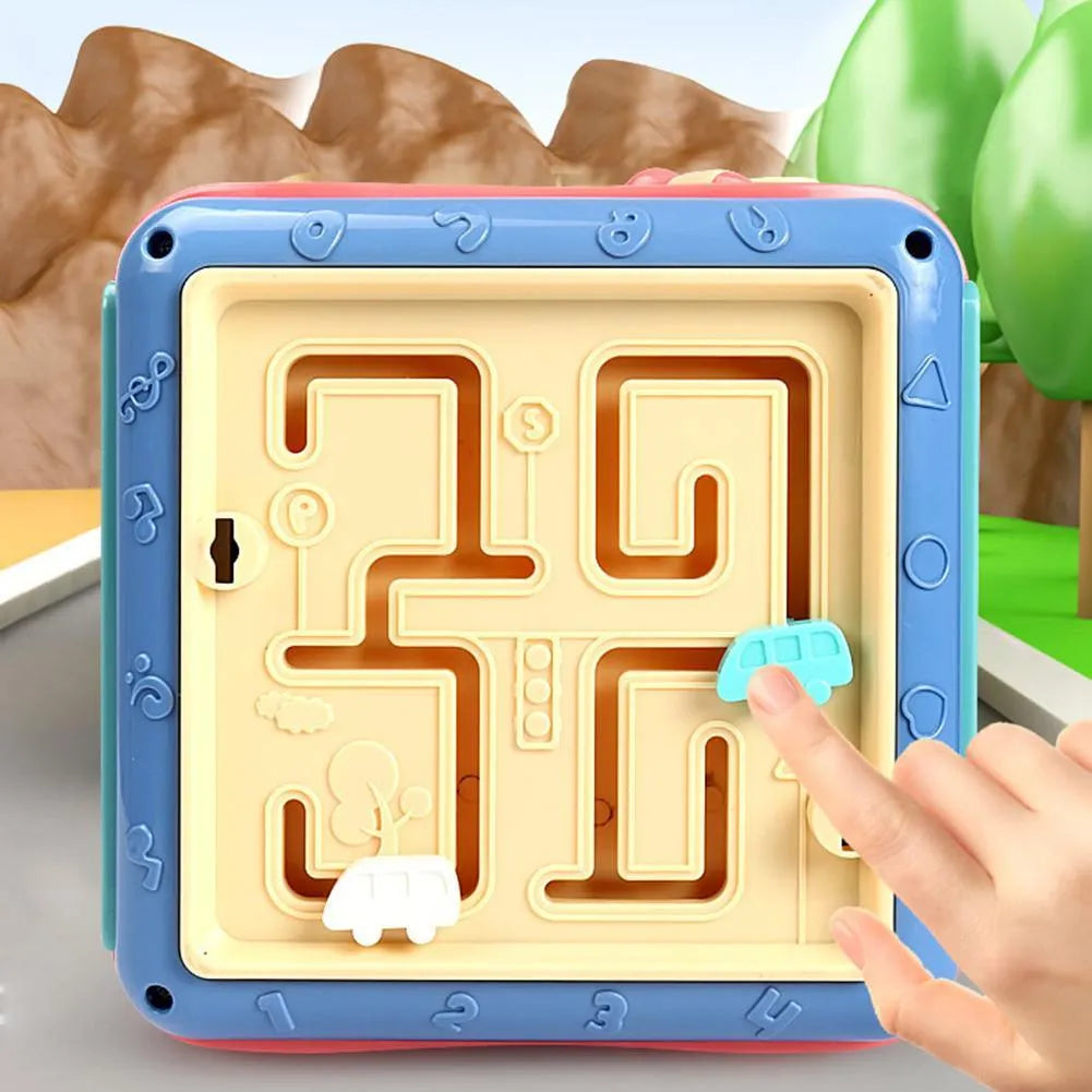 Colourful hexahedron educational toy with six different Montessori activity faces including bead maze and clock