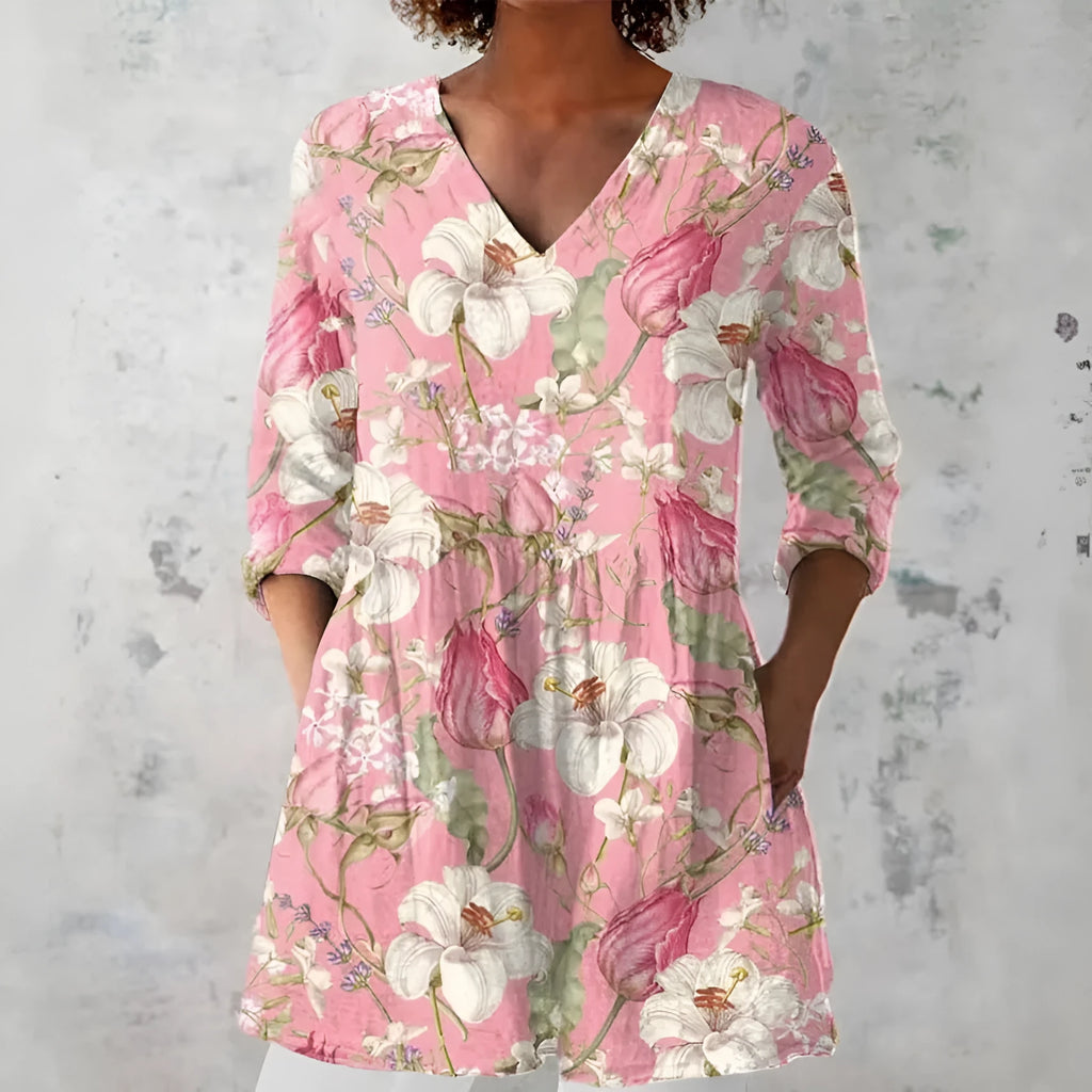 Women's slim-fit long-sleeved retro top with a digital print design on polyester fabric.