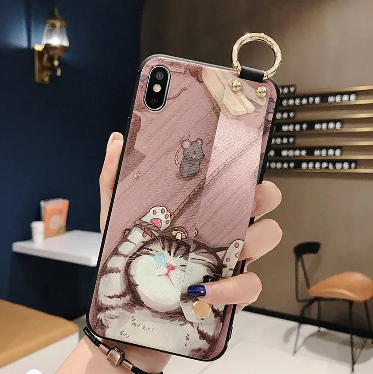 Rose flower design phone case for iPhone with a wrist strap loop on the side.