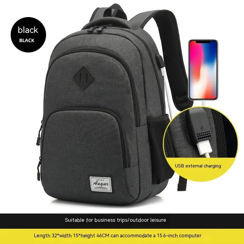 Grey and black lightweight backpack with USB charging port and trolley case attachment strap.