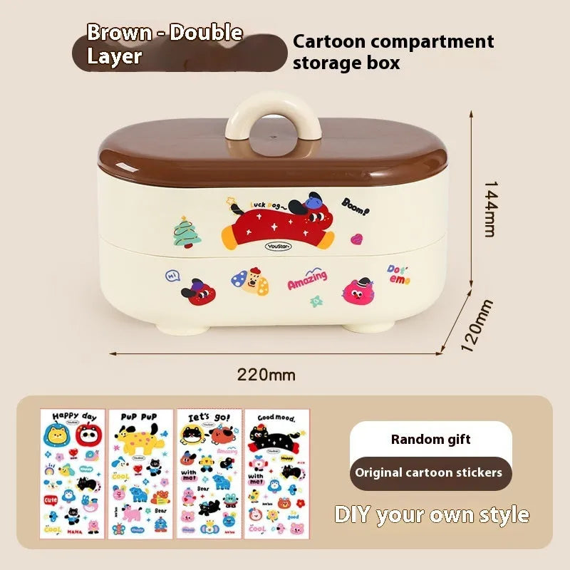 Red and brown cartoon-style desktop storage organiser with grid pattern and sticker set for labelling.