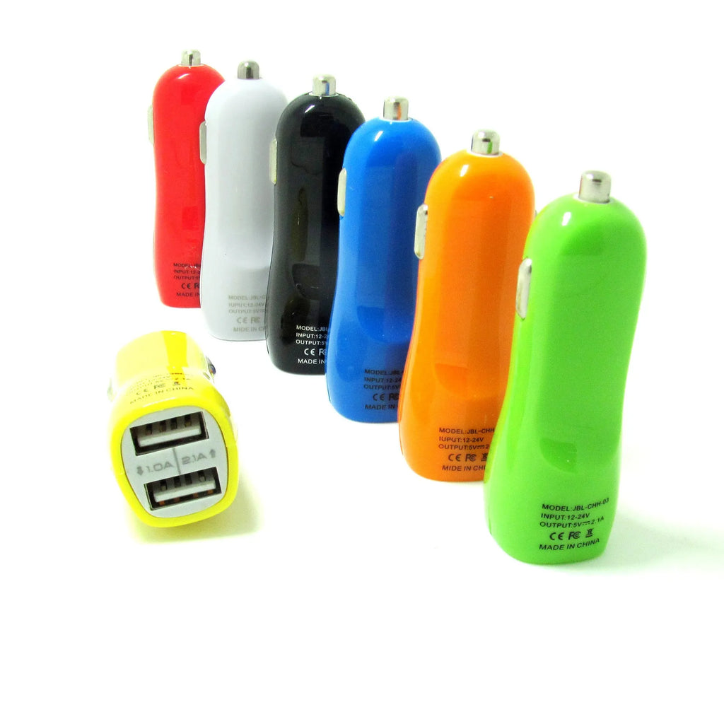 Dual-port USB car charger with blue LED indicator showing duckbill design for vehicle cigarette lighter sockets