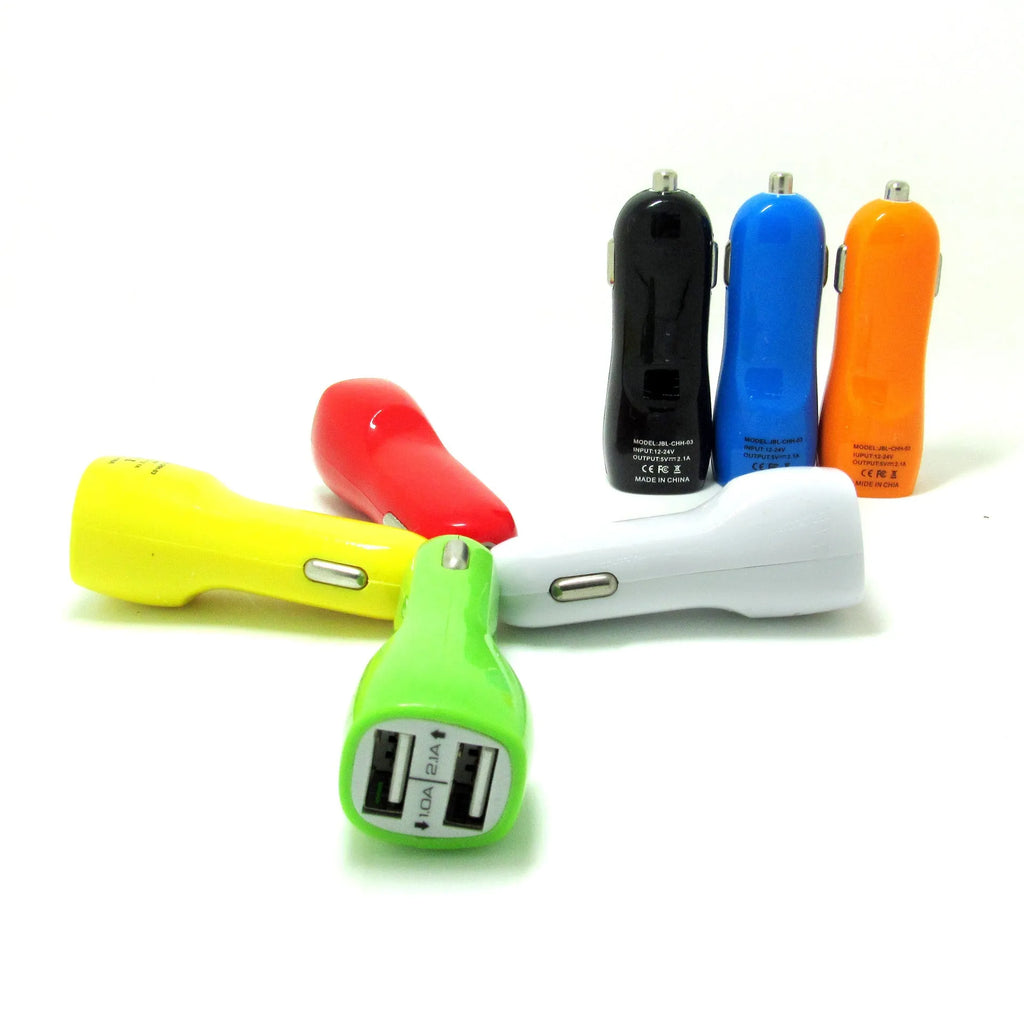 Dual-port USB car charger with blue LED indicator showing duckbill design for vehicle cigarette lighter sockets