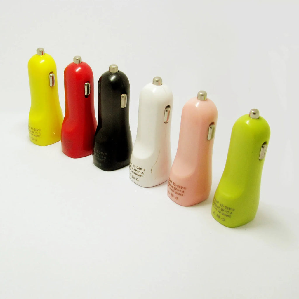Dual-port USB car charger with blue LED indicator showing duckbill design for vehicle cigarette lighter sockets