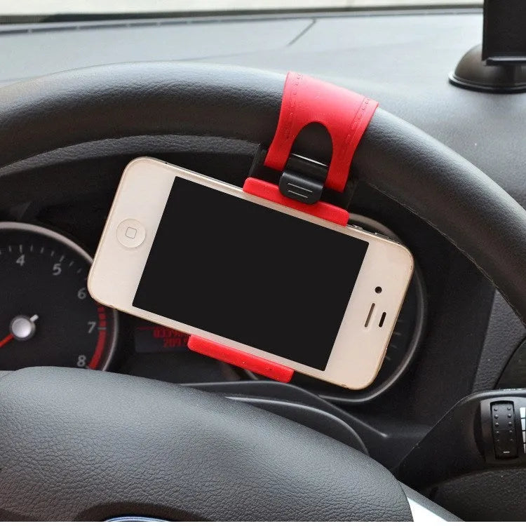 Black steering wheel phone clip mount holding smartphone for car navigation