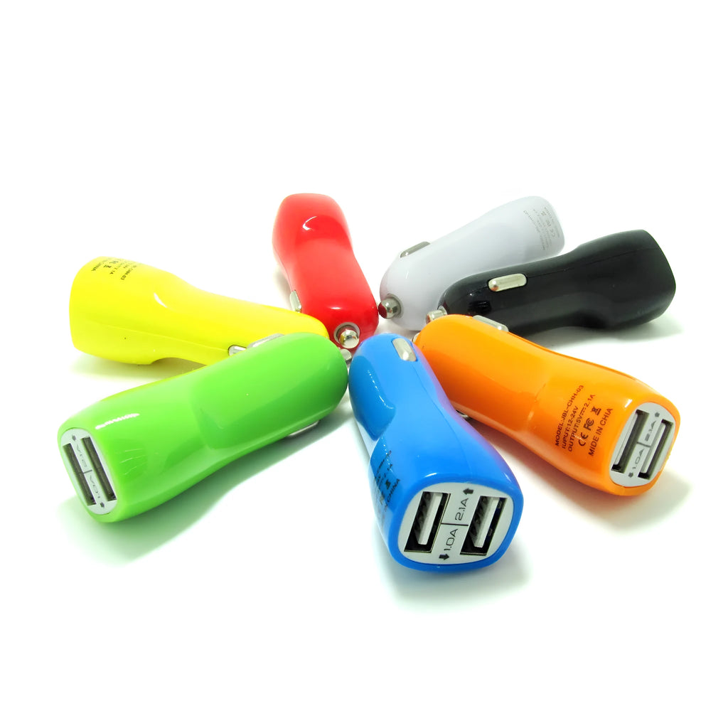 Dual-port USB car charger with blue LED indicator showing duckbill design for vehicle cigarette lighter sockets
