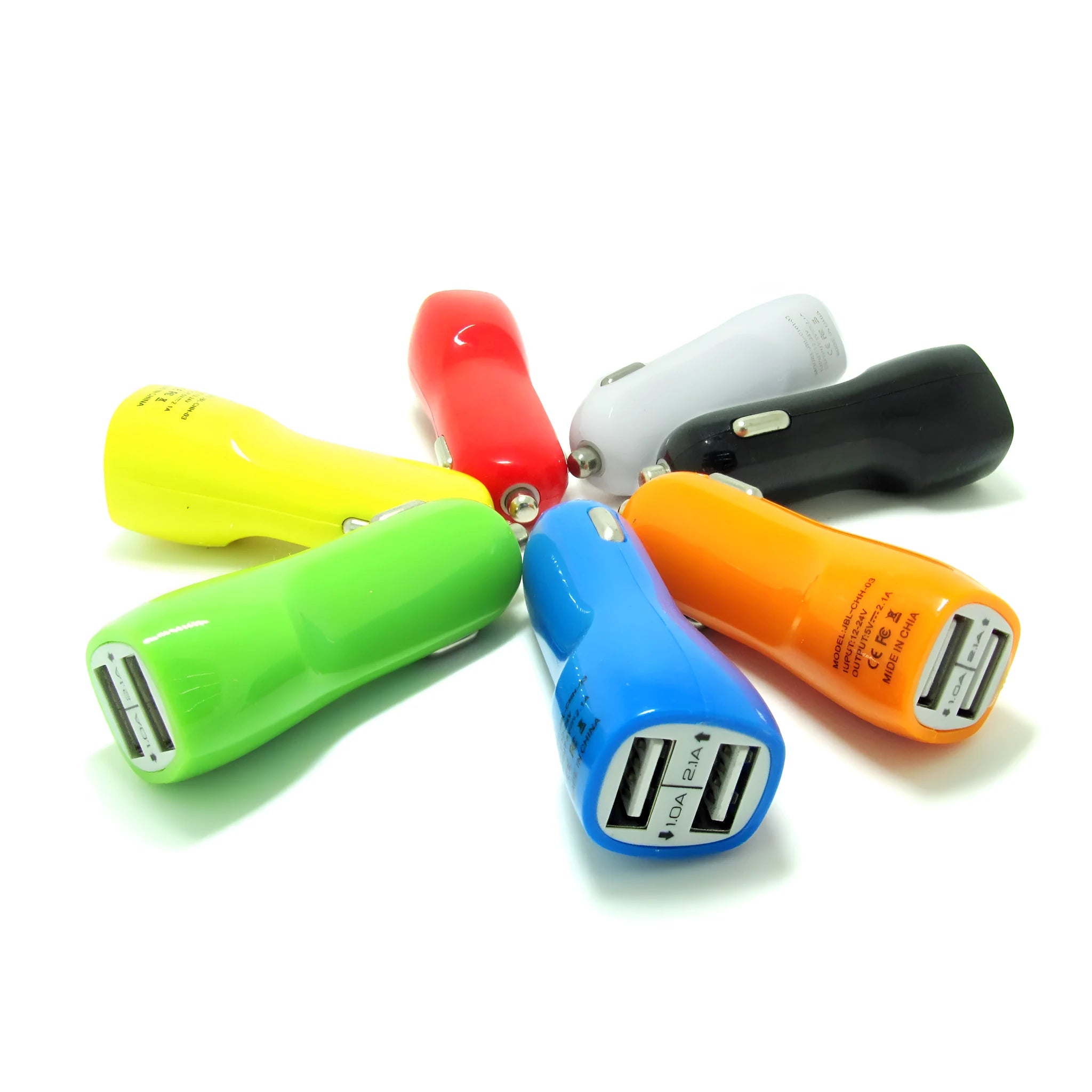 Dual-port USB car charger with blue LED indicator showing duckbill design for vehicle cigarette lighter sockets