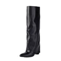 Women's plus size thick high heel ankle boots in black, white, or pink with high cylinder design and sewing line detail.