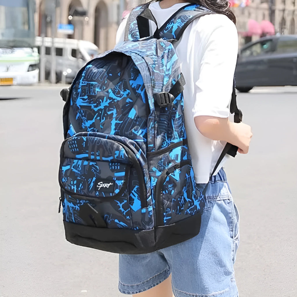 Blue and red classic nylon backpack with large main compartment and front pockets