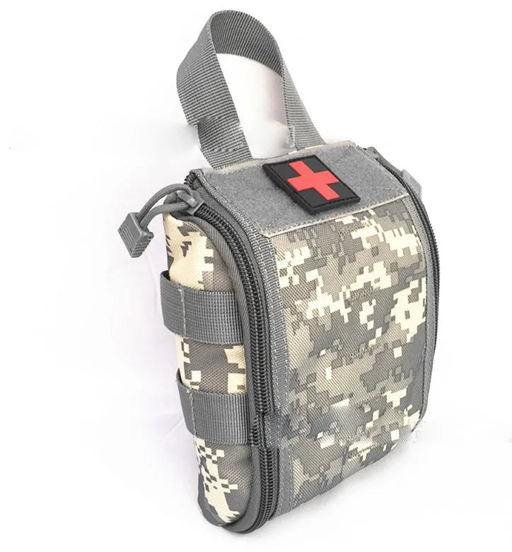 Tactical medical first aid kit for outdoor camping and climbing, shown open with contents including gauze, bandages, and medicines.